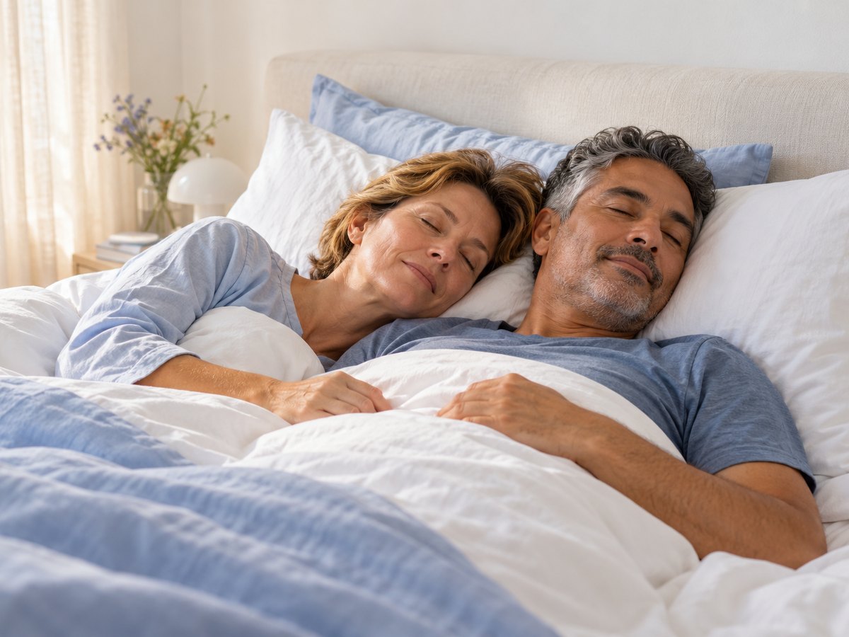 Een man en een vrouw slapen rustig naast elkaar in bed