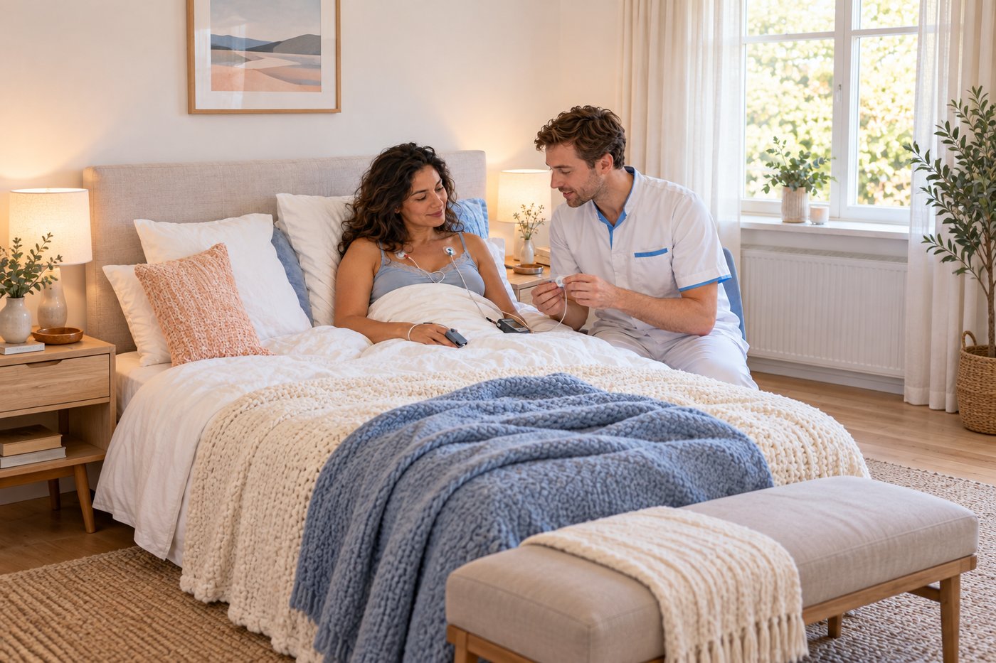 Een zorgverlener legt een slaaponderzoek thuis uit aan een vrouw in bed