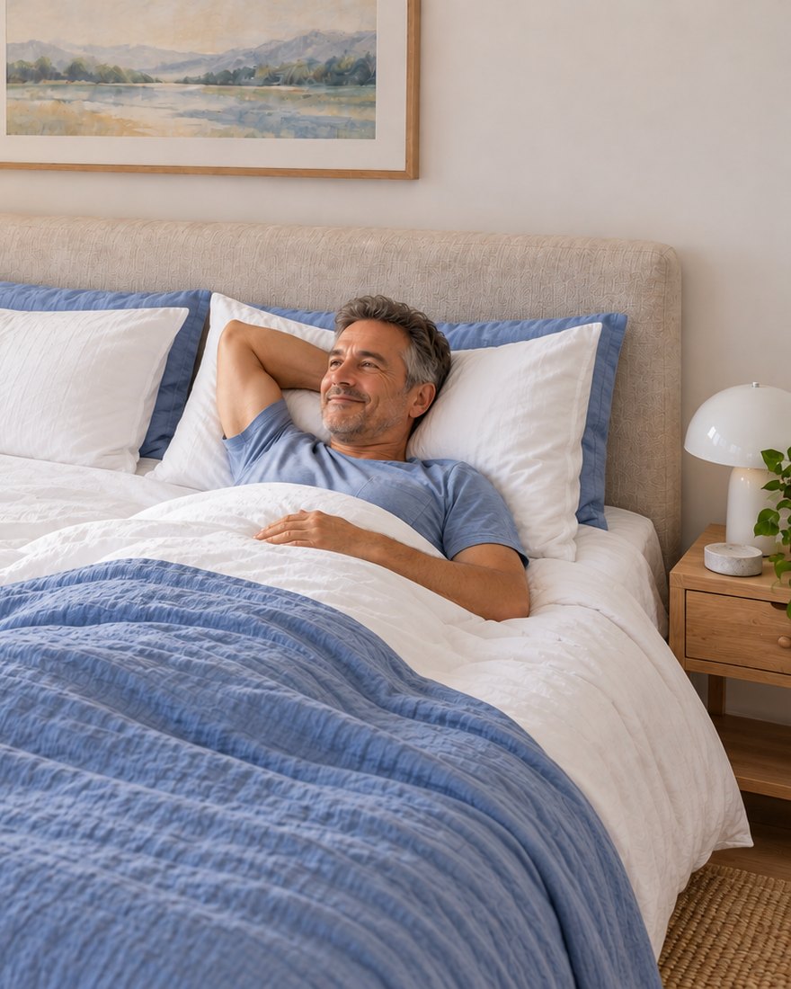 Een man ligt ontspannen en tevreden in bed